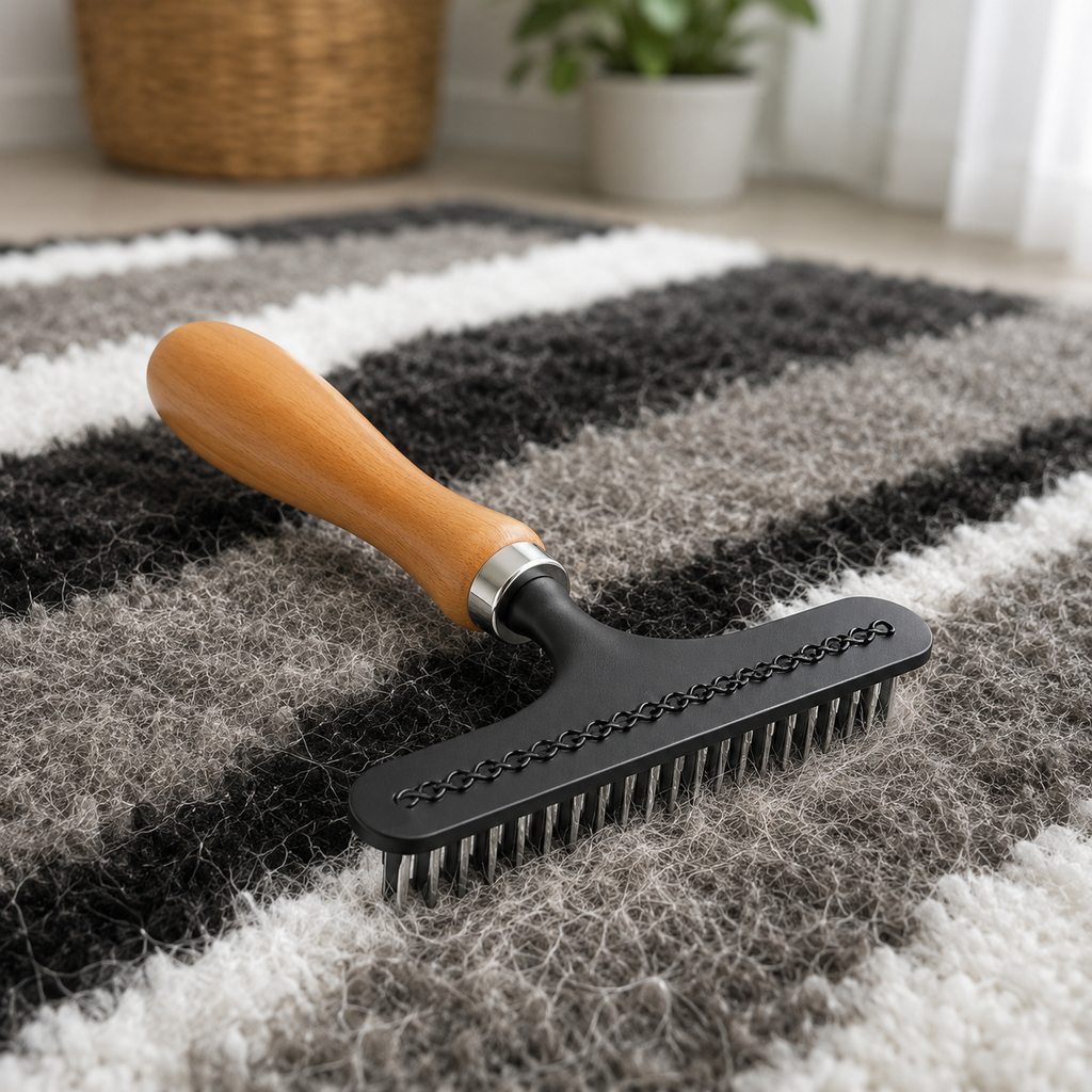 Handheld Deshedding Rake — Wooden Handle Grooming Brush for Cats & Dogs