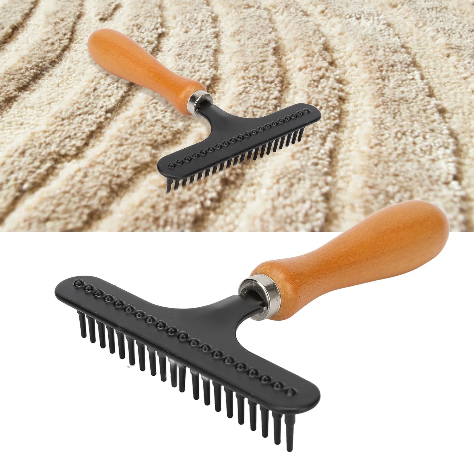 Handheld Deshedding Rake — Wooden Handle Grooming Brush for Cats & Dogs