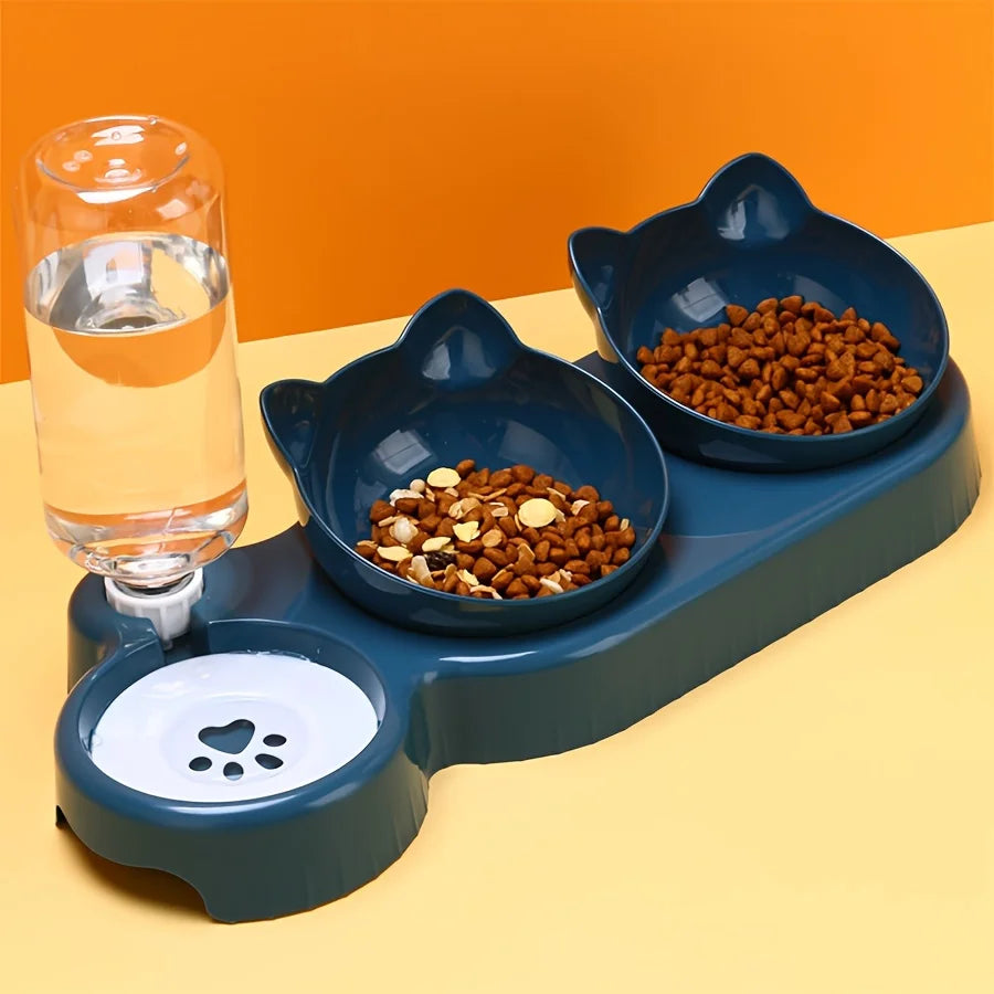 3-in-1 Tilted Cat Bowl Set — Food & Water Bowl with Gravity Bottle