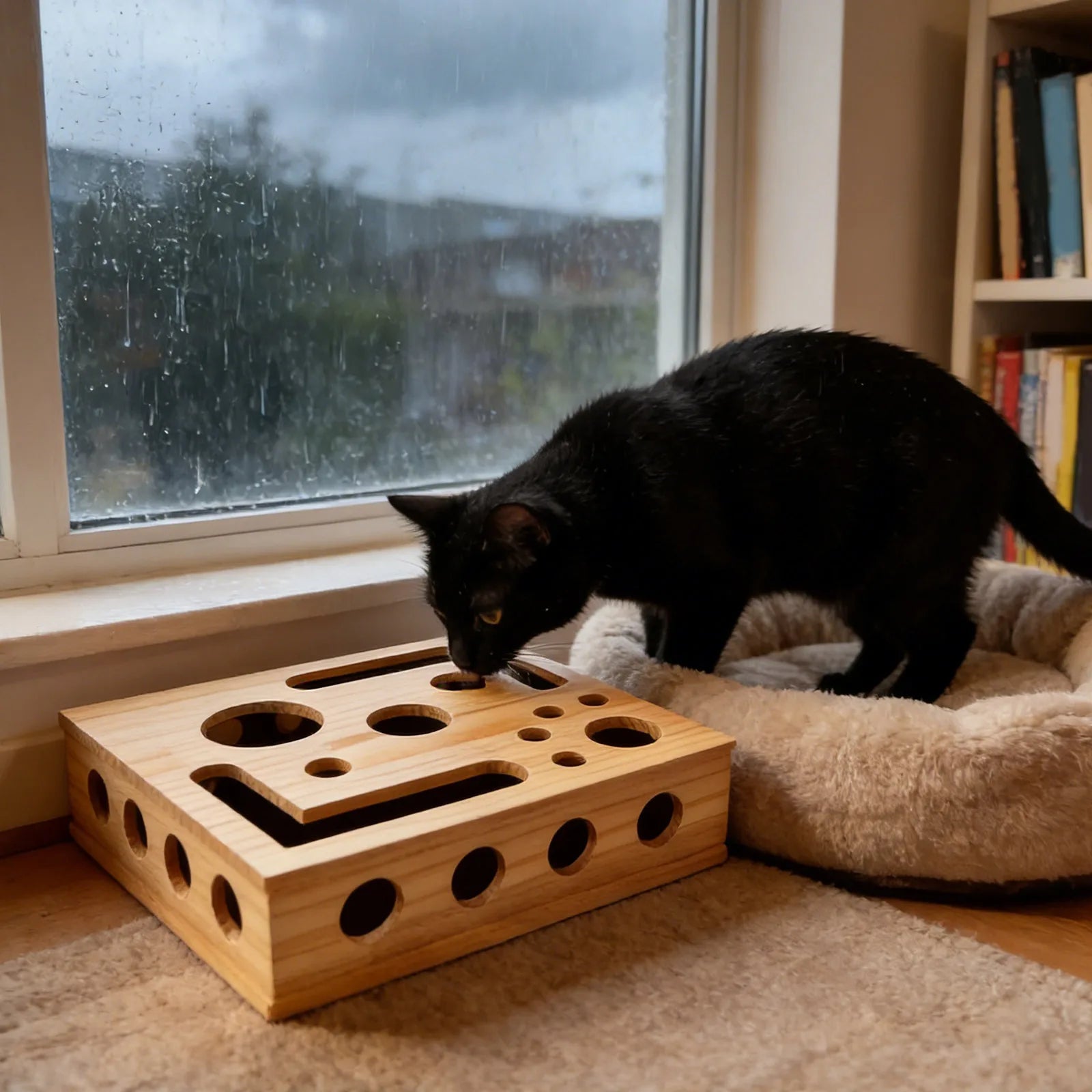 Wooden Cat Maze Puzzle Feeder — Frosted Treat Dispenser for Enrichment