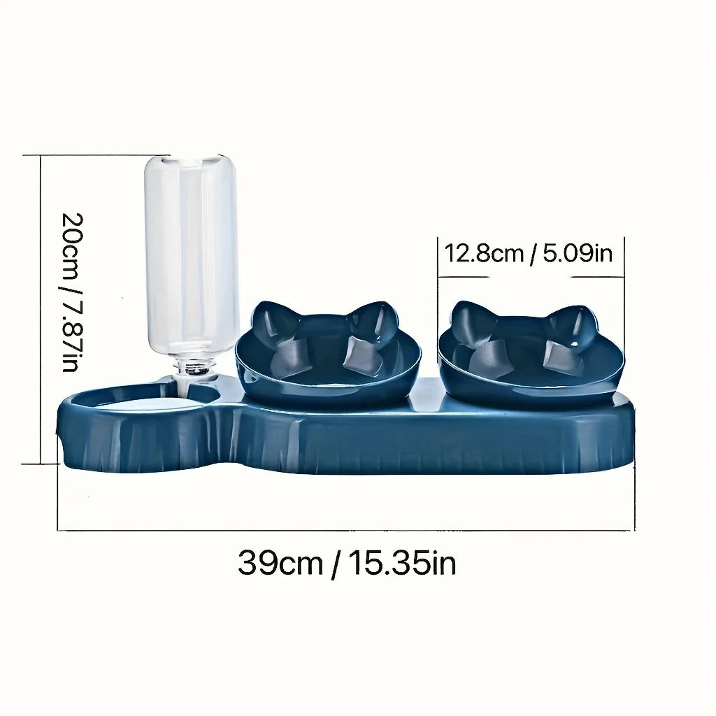 3-in-1 Tilted Cat Bowl Set — Food & Water Bowl with Gravity Bottle