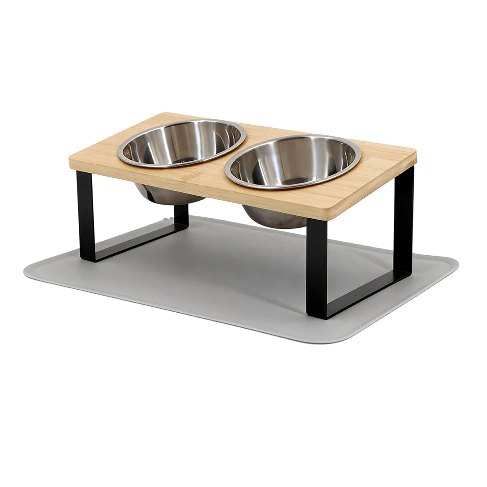 Elevated Cat Bowl Set — Tilted Stand with Stainless Steel Bowls & Food Mat