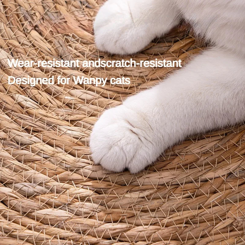 Rattan Weave Cat Scratcher Mat — Floor Scratching Pad with Optional Ball Toy