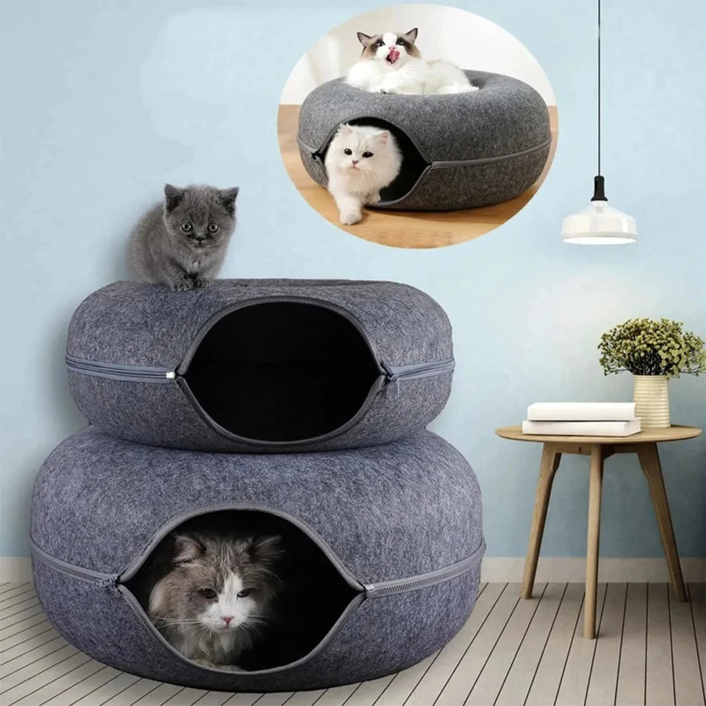 Round Cat Tunnel Bed — Felt Donut Nest with Scratcher Base