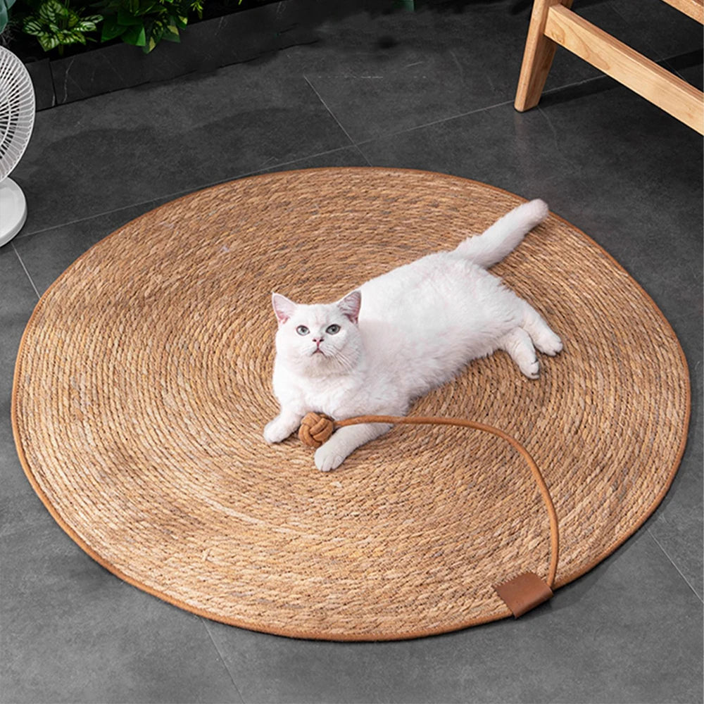Rattan Weave Cat Scratcher Mat — Floor Scratching Pad with Optional Ball Toy