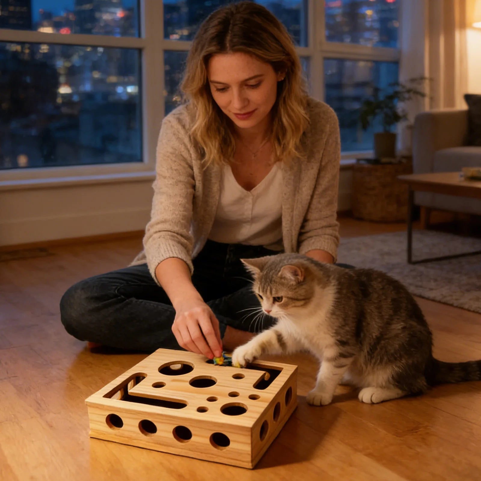Wooden Cat Maze Puzzle Feeder — Frosted Treat Dispenser for Enrichment