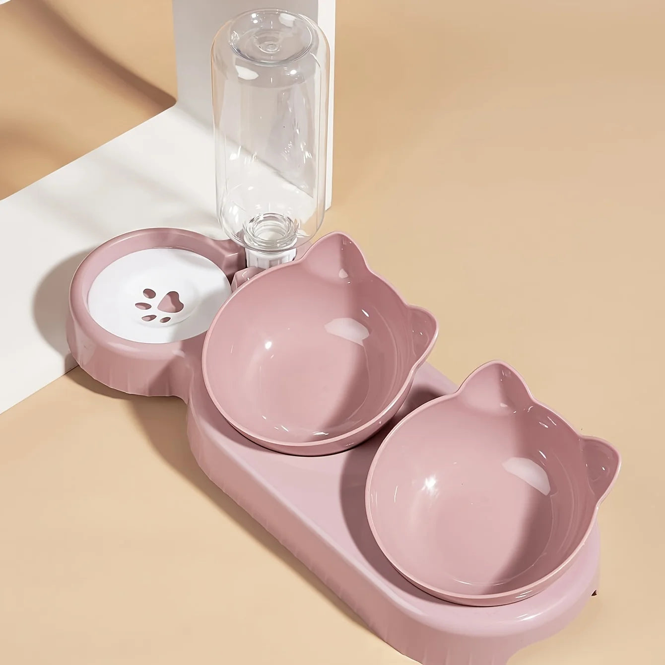 3-in-1 Tilted Cat Bowl Set — Food & Water Bowl with Gravity Bottle