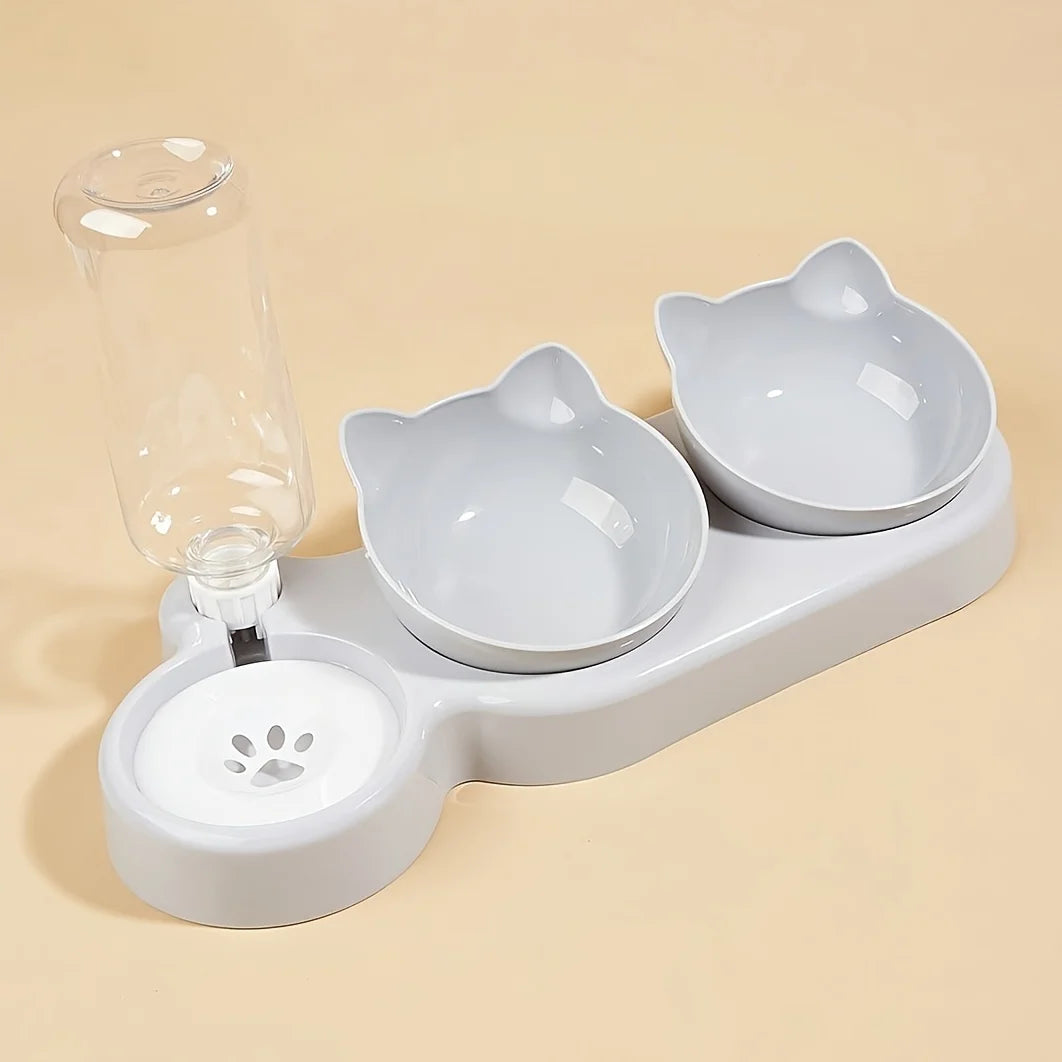 3-in-1 Tilted Cat Bowl Set — Food & Water Bowl with Gravity Bottle