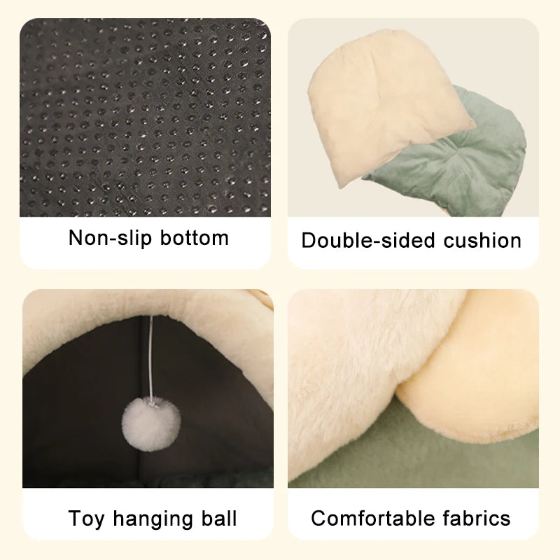Cartoon Print Cat Bed — Foldable Washable Cave Bed for Small Pets