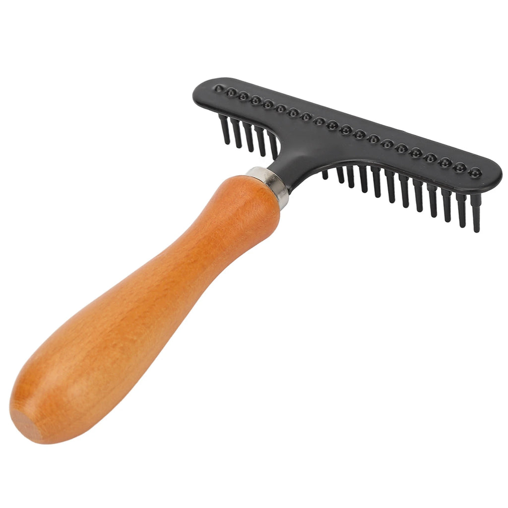 Handheld Deshedding Rake — Wooden Handle Grooming Brush for Cats & Dogs