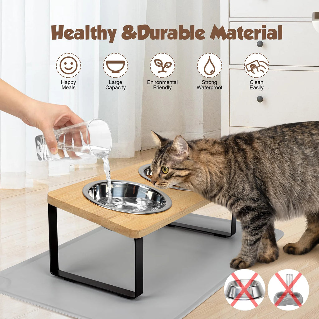 Elevated Cat Bowl Set — Tilted Stand with Stainless Steel Bowls & Food Mat