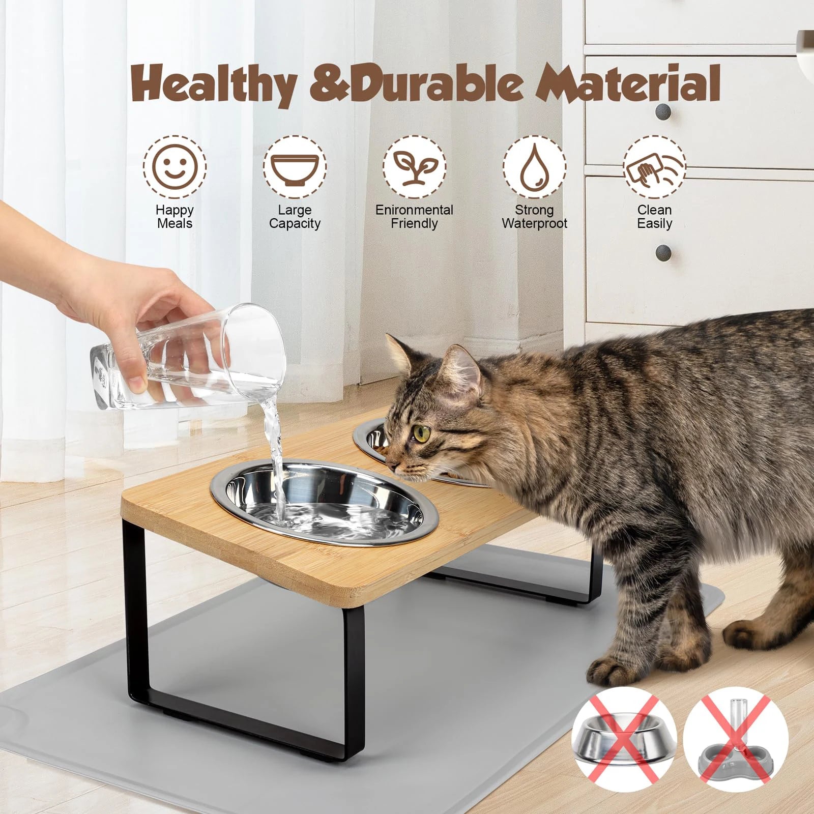 Elevated Cat Bowl Set — Tilted Stand with Stainless Steel Bowls & Food Mat