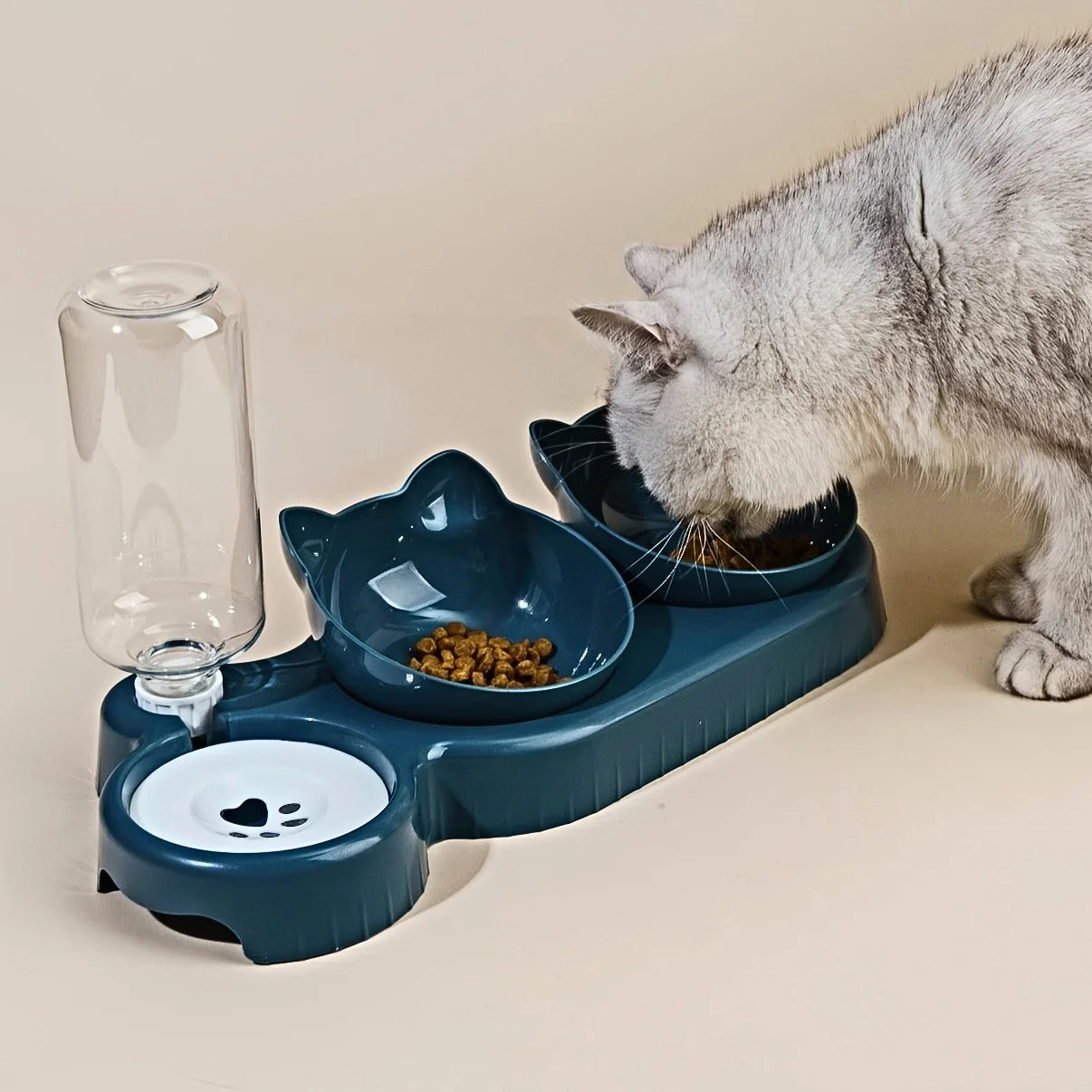 3-in-1 Tilted Cat Bowl Set — Food & Water Bowl with Gravity Bottle