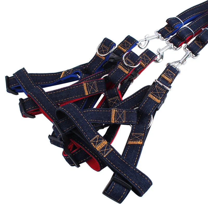 Denim Patch Dog Leash Set — Chest Strap Walking Leash, 2 & 3-Piece Sets