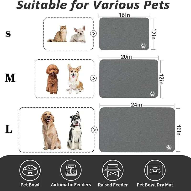 Absorbent Pet Feeding Mat — Quick-Dry Placemat for Dog & Cat Bowls, S/M/L