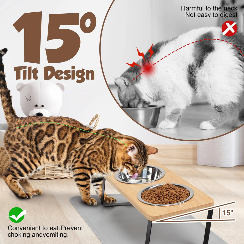 Elevated Cat Bowl Set — Tilted Stand with Stainless Steel Bowls & Food Mat