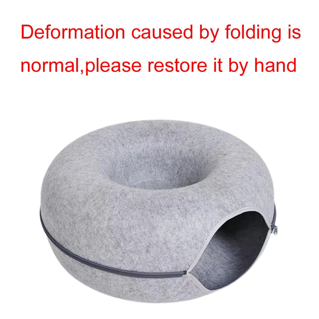 Round Cat Tunnel Bed — Felt Donut Nest with Scratcher Base