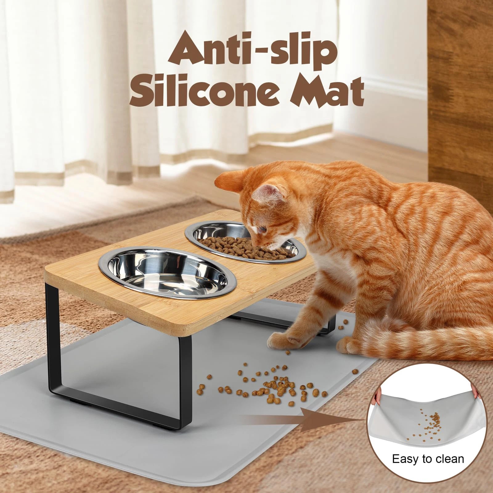 Elevated Cat Bowl Set — Tilted Stand with Stainless Steel Bowls & Food Mat
