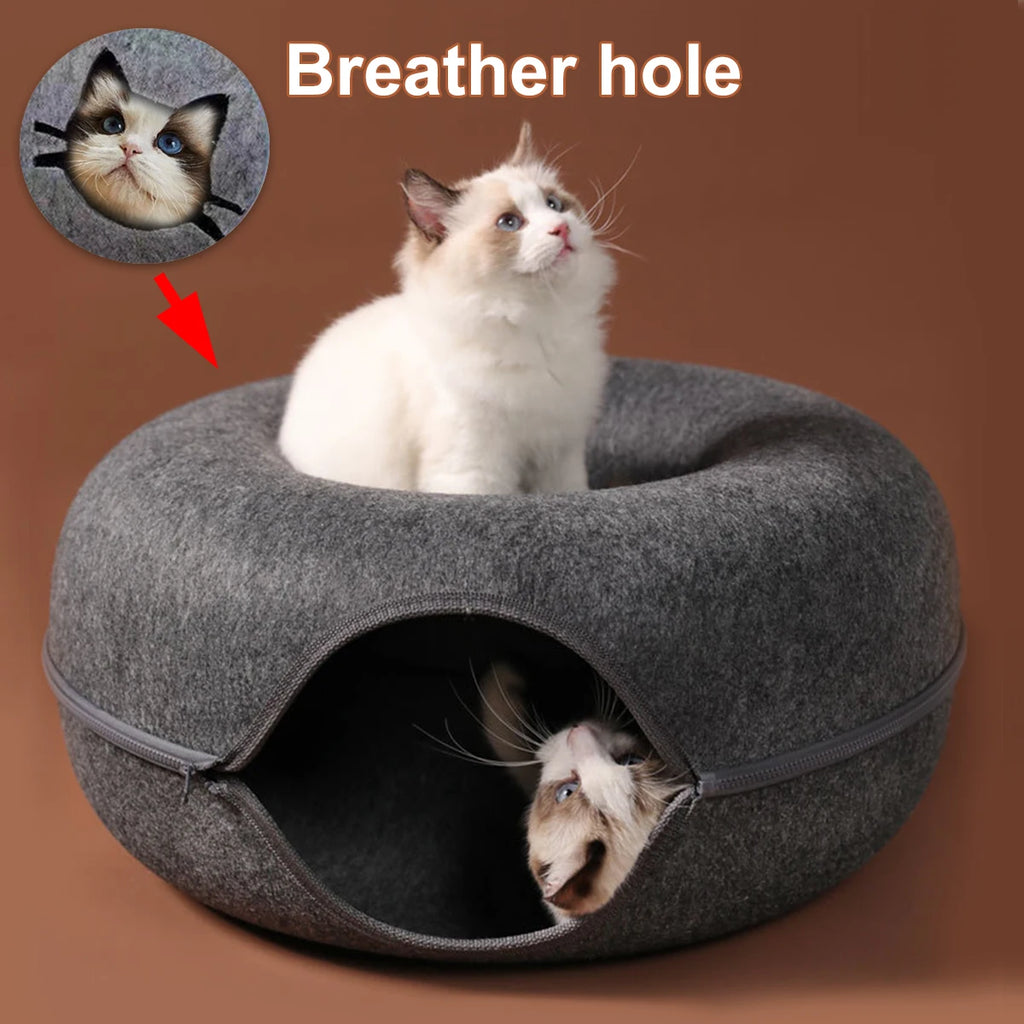 Round Cat Tunnel Bed — Felt Donut Nest with Scratcher Base