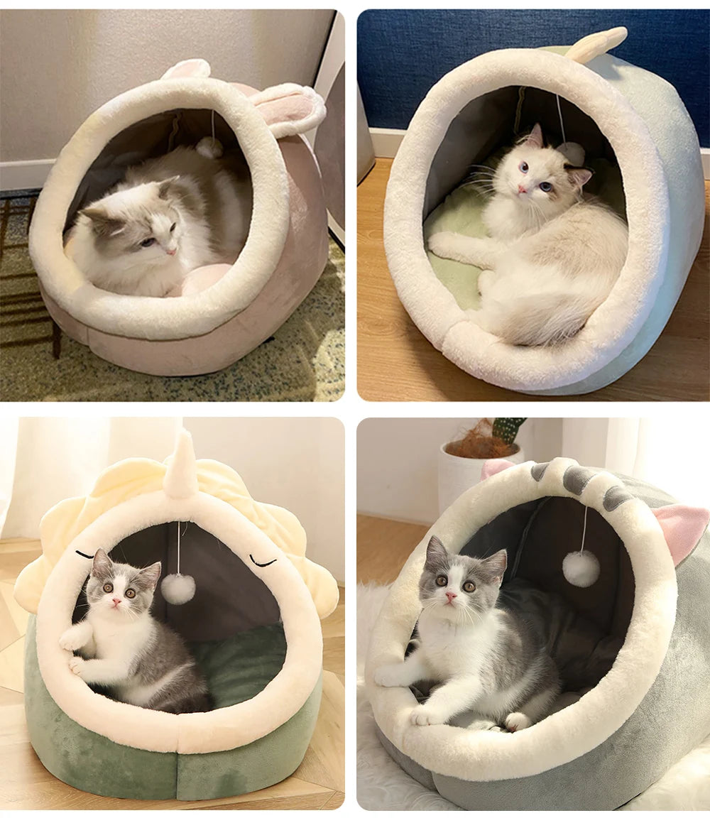 Cartoon Print Cat Bed — Foldable Washable Cave Bed for Small Pets