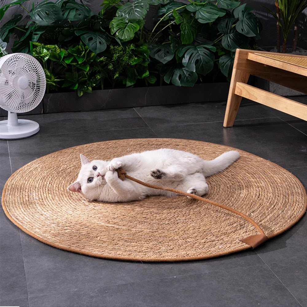 Rattan Weave Cat Scratcher Mat — Floor Scratching Pad with Optional Ball Toy