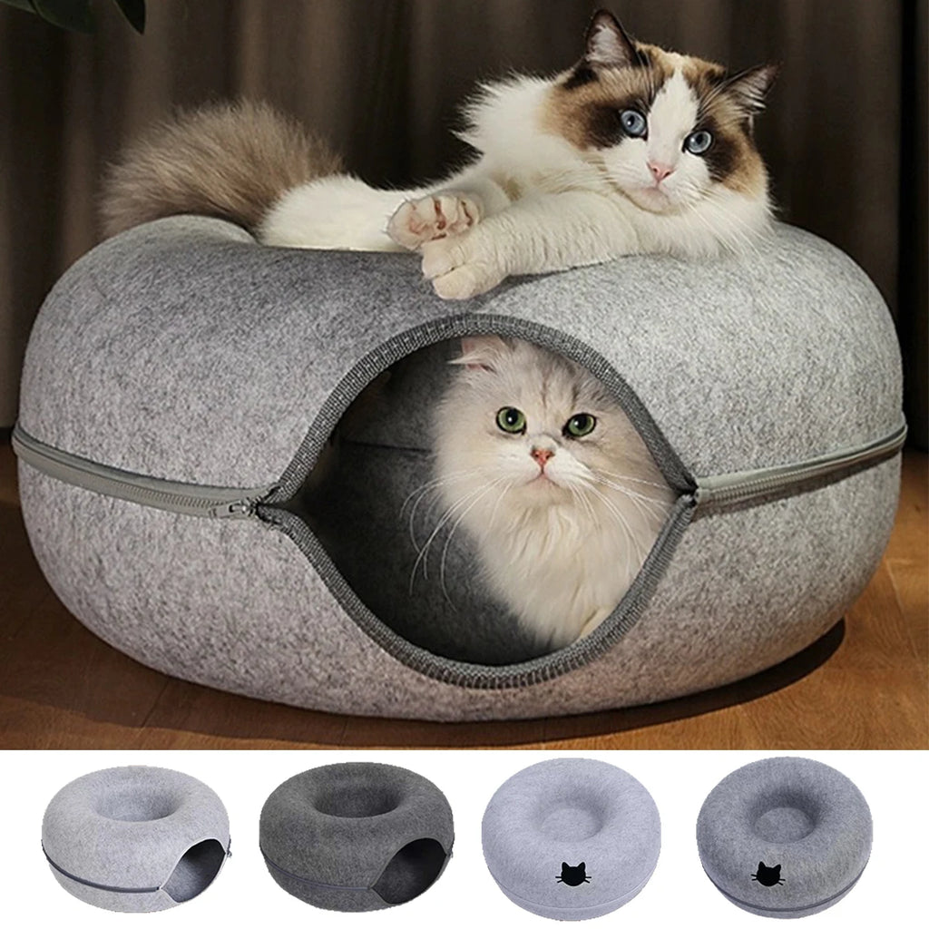 Round Cat Tunnel Bed — Felt Donut Nest with Scratcher Base