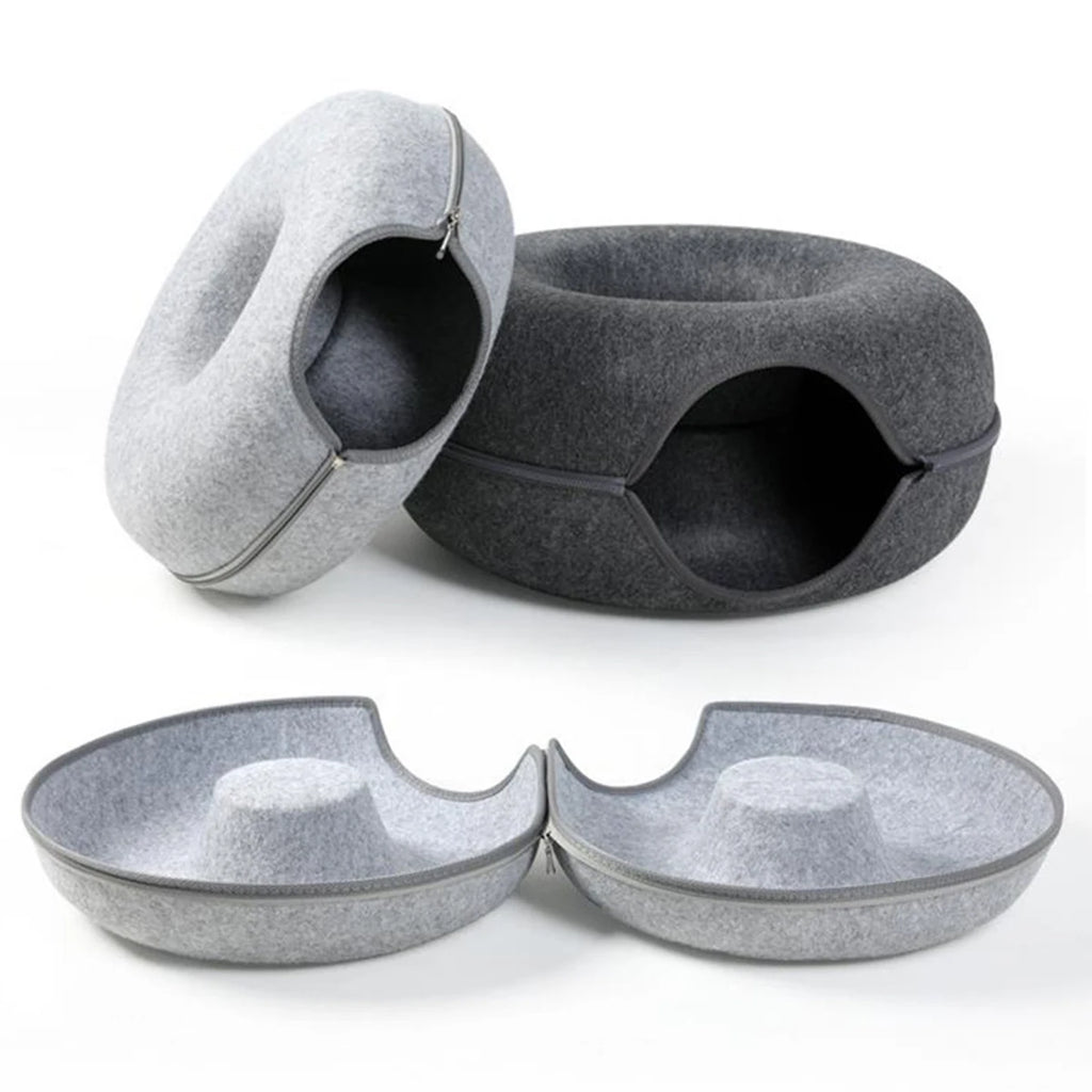 Round Cat Tunnel Bed — Felt Donut Nest with Scratcher Base