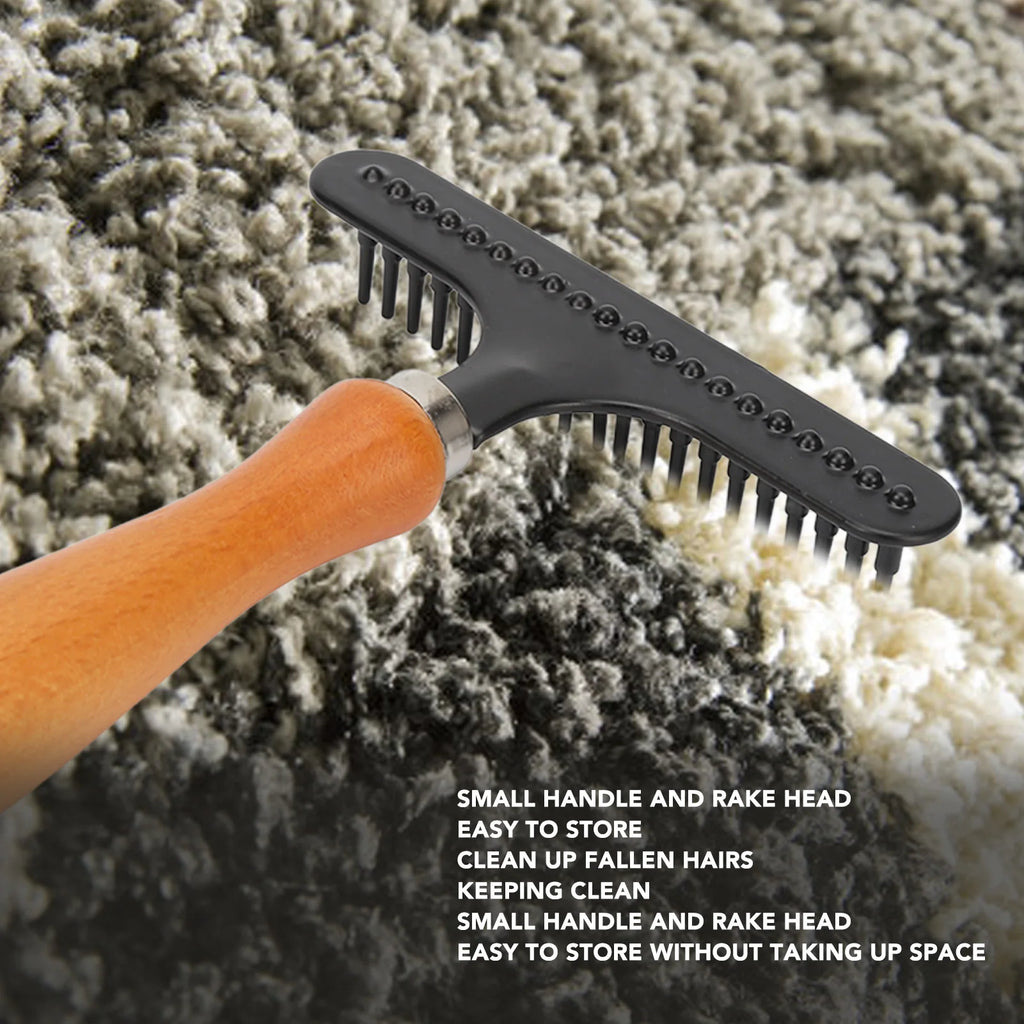 Handheld Deshedding Rake — Wooden Handle Grooming Brush for Cats & Dogs