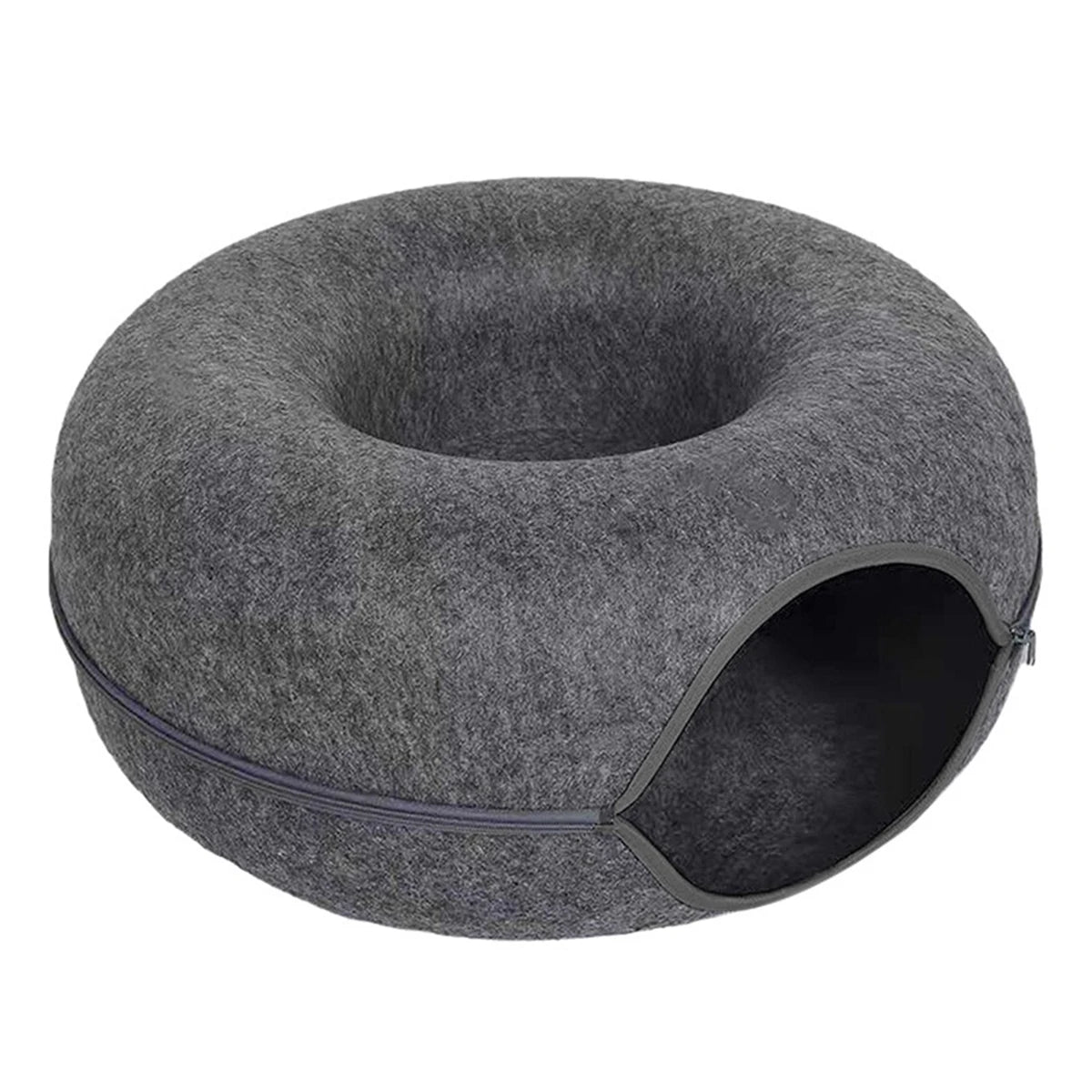 Round Cat Tunnel Bed — Felt Donut Nest with Scratcher Base
