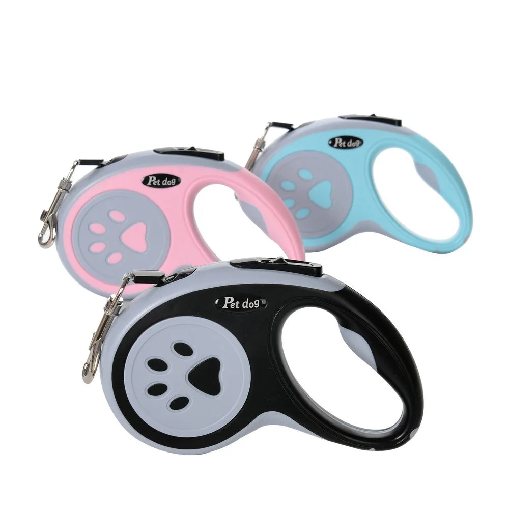 Retractable Dog Leash — Bone & Paw Print Design with Metal Clip