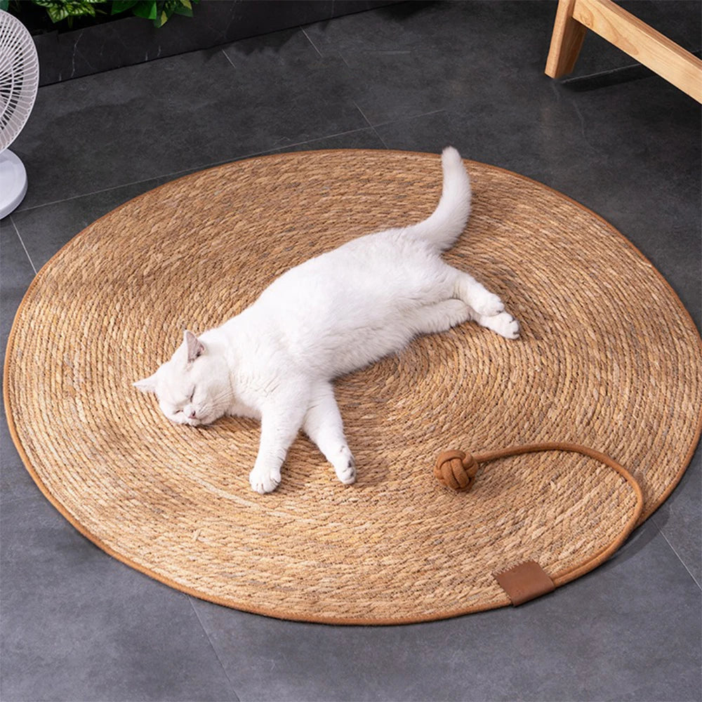 Rattan Weave Cat Scratcher Mat — Floor Scratching Pad with Optional Ball Toy
