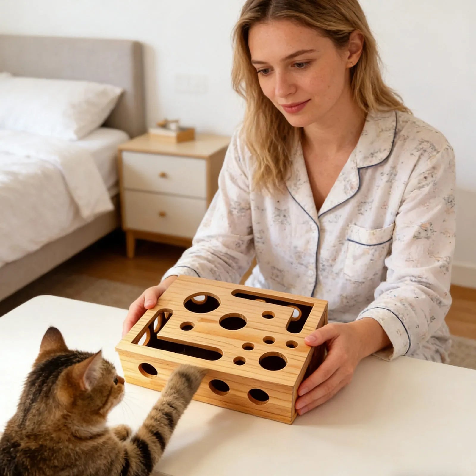 Wooden Cat Maze Puzzle Feeder — Frosted Treat Dispenser for Enrichment