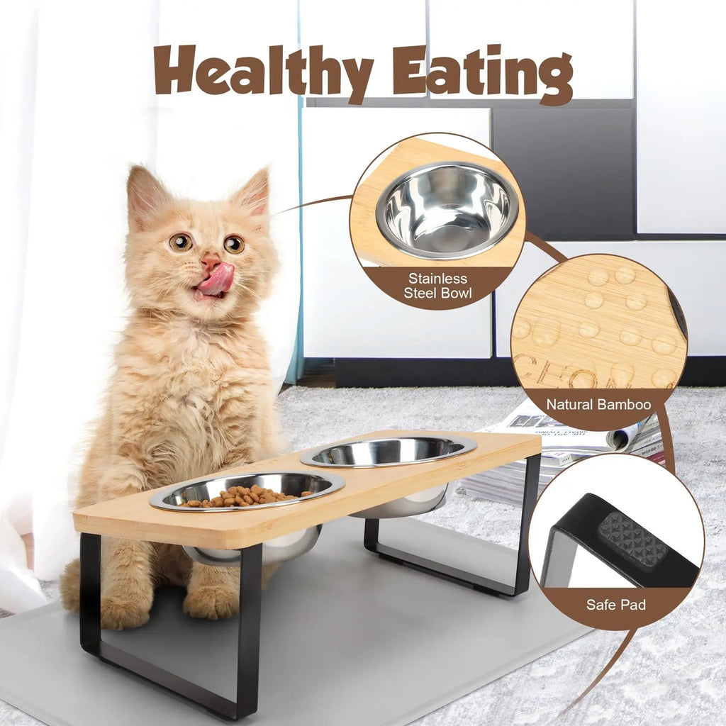 Elevated Cat Bowl Set — Tilted Stand with Stainless Steel Bowls & Food Mat
