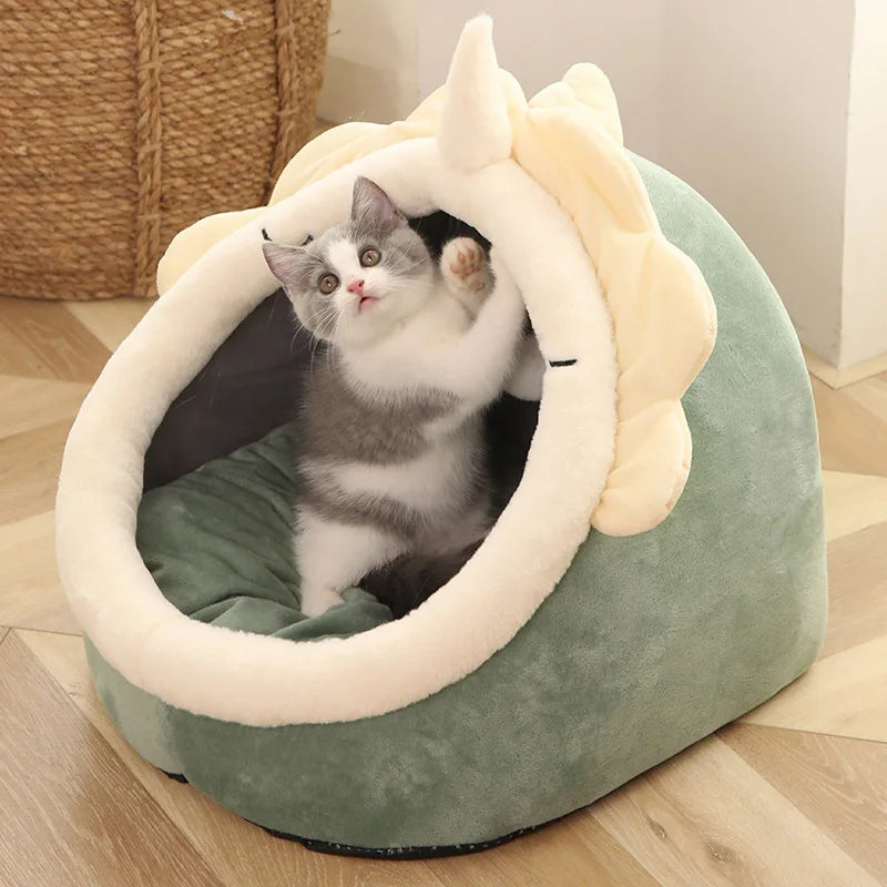 Cartoon Print Cat Bed — Foldable Washable Cave Bed for Small Pets