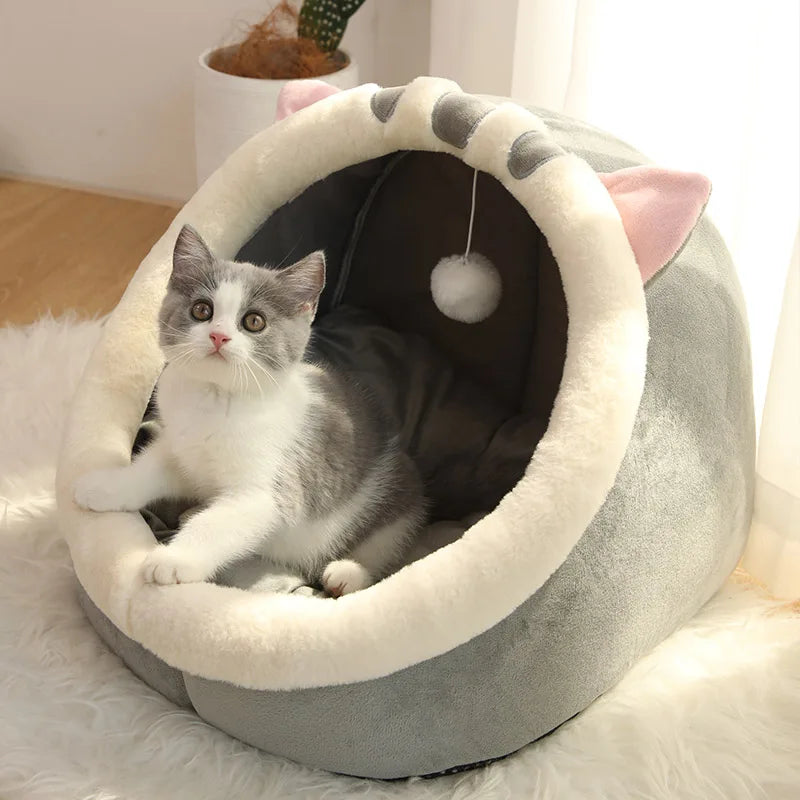 Cartoon Print Cat Bed — Foldable Washable Cave Bed for Small Pets