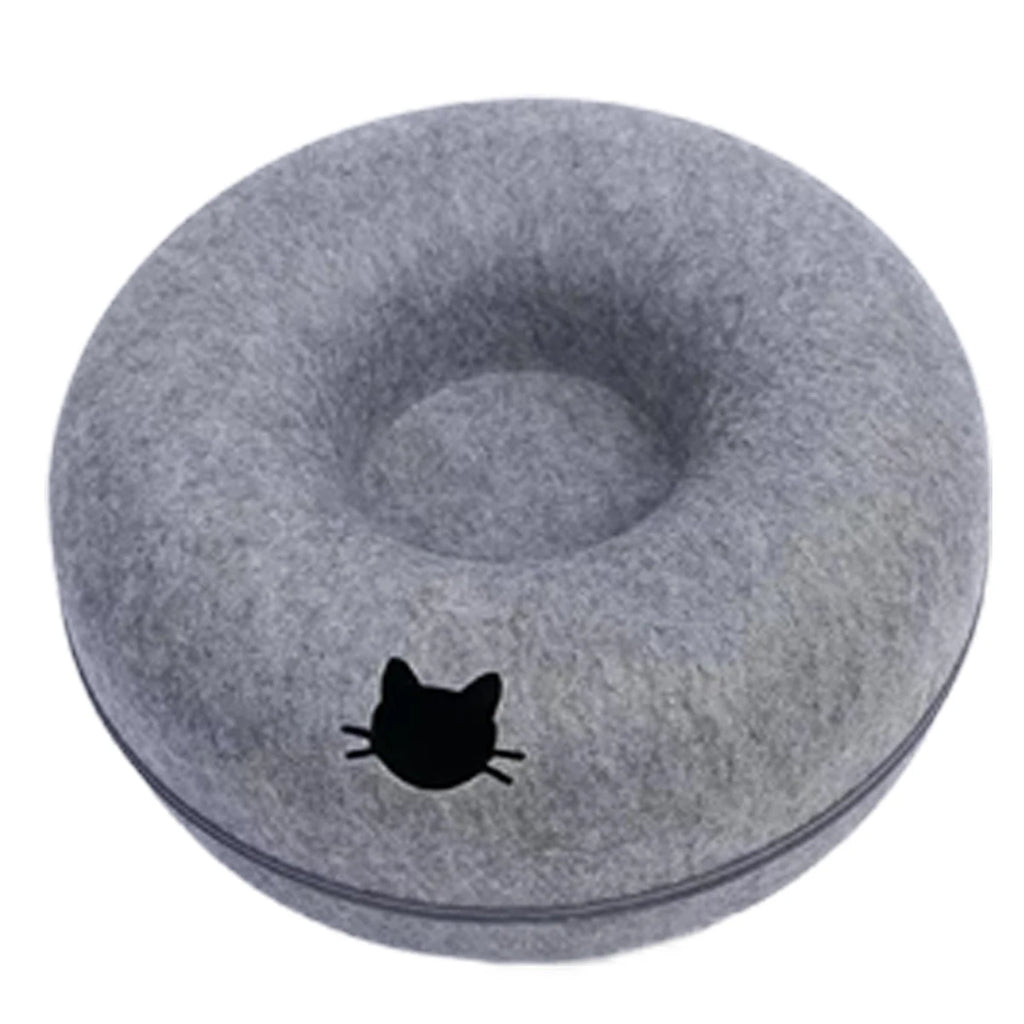 Round Cat Tunnel Bed — Felt Donut Nest with Scratcher Base