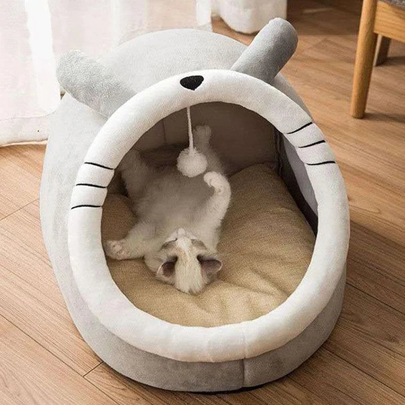 Cartoon Print Cat Bed — Foldable Washable Cave Bed for Small Pets