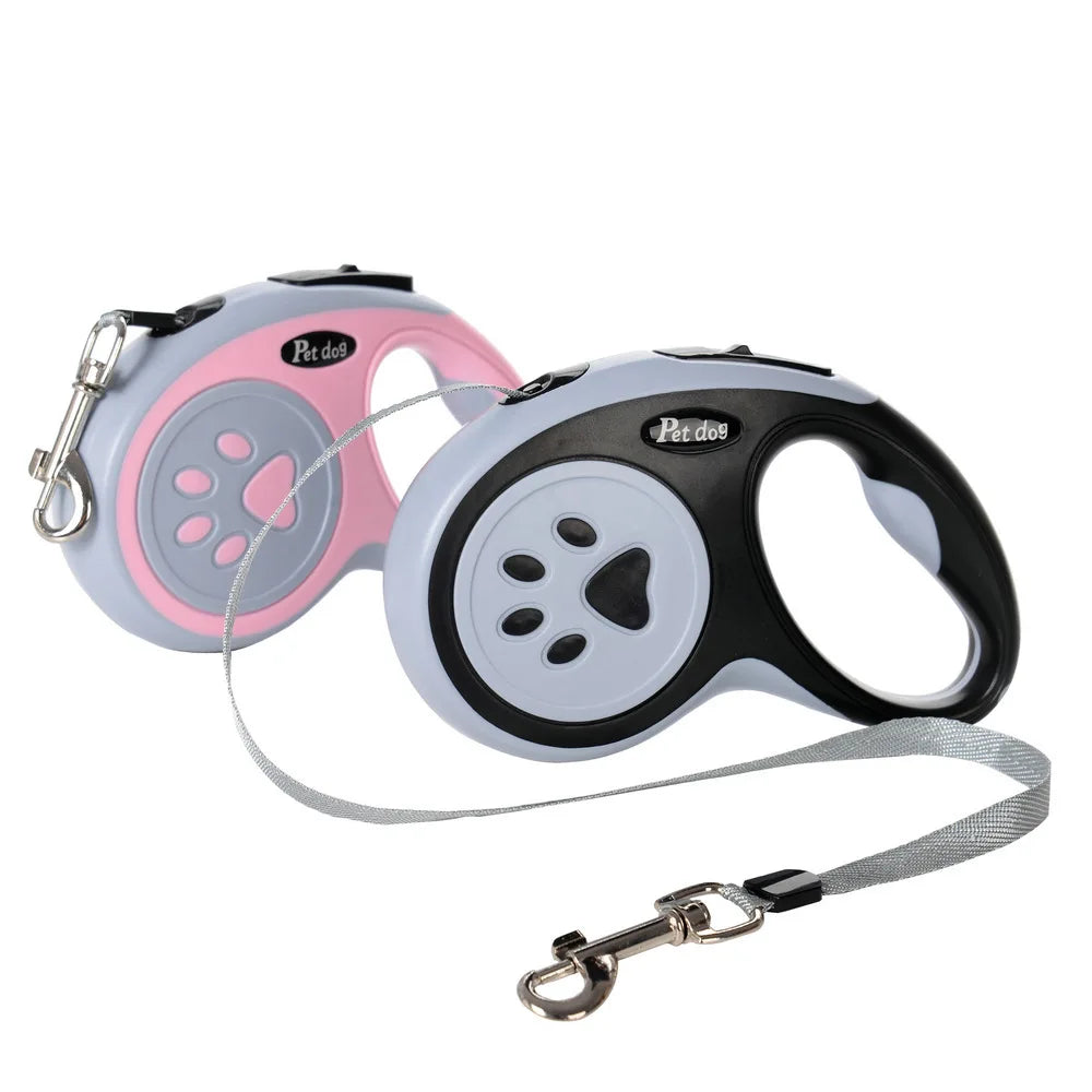 Retractable Dog Leash — Bone & Paw Print Design with Metal Clip