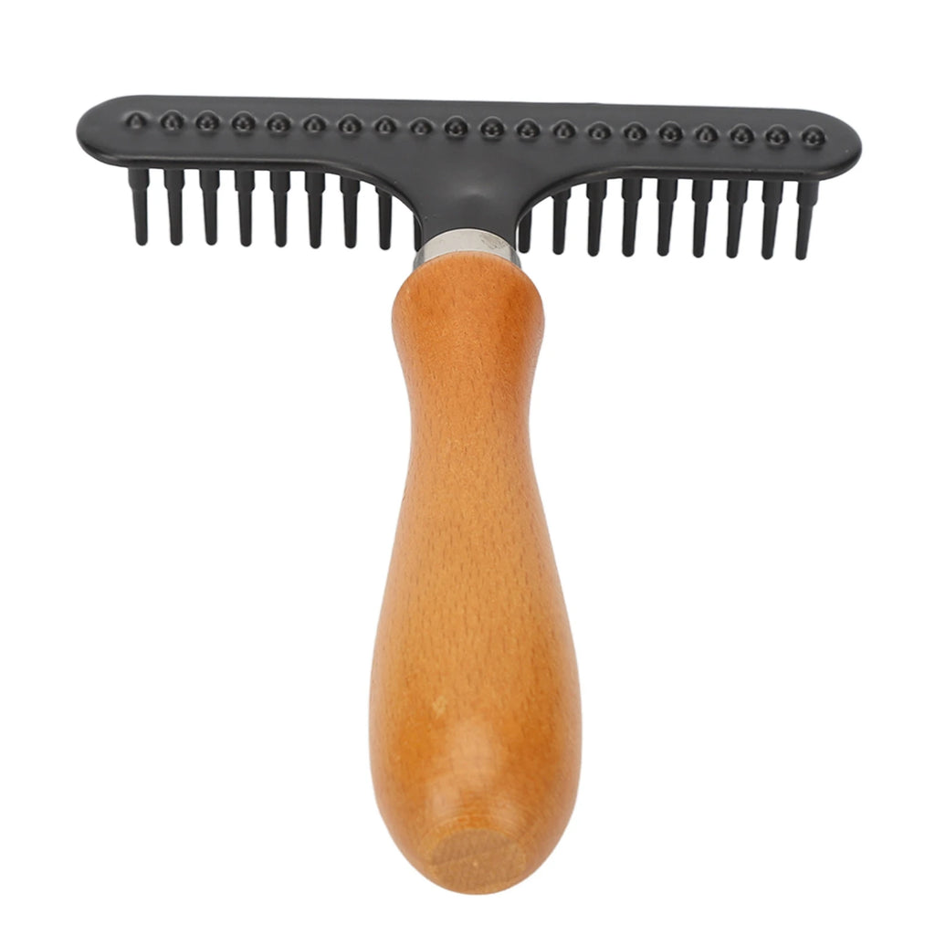 Handheld Deshedding Rake — Wooden Handle Grooming Brush for Cats & Dogs