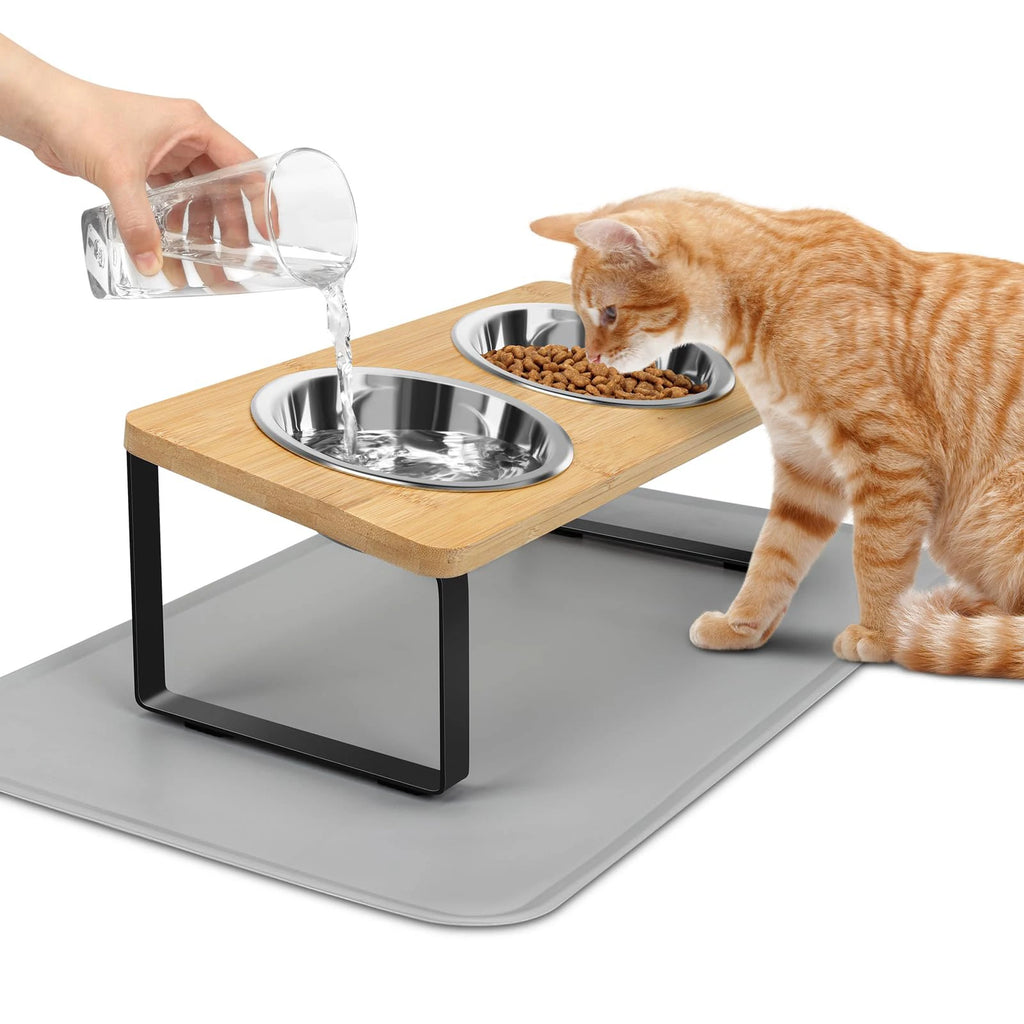 Elevated Cat Bowl Set — Tilted Stand with Stainless Steel Bowls & Food Mat