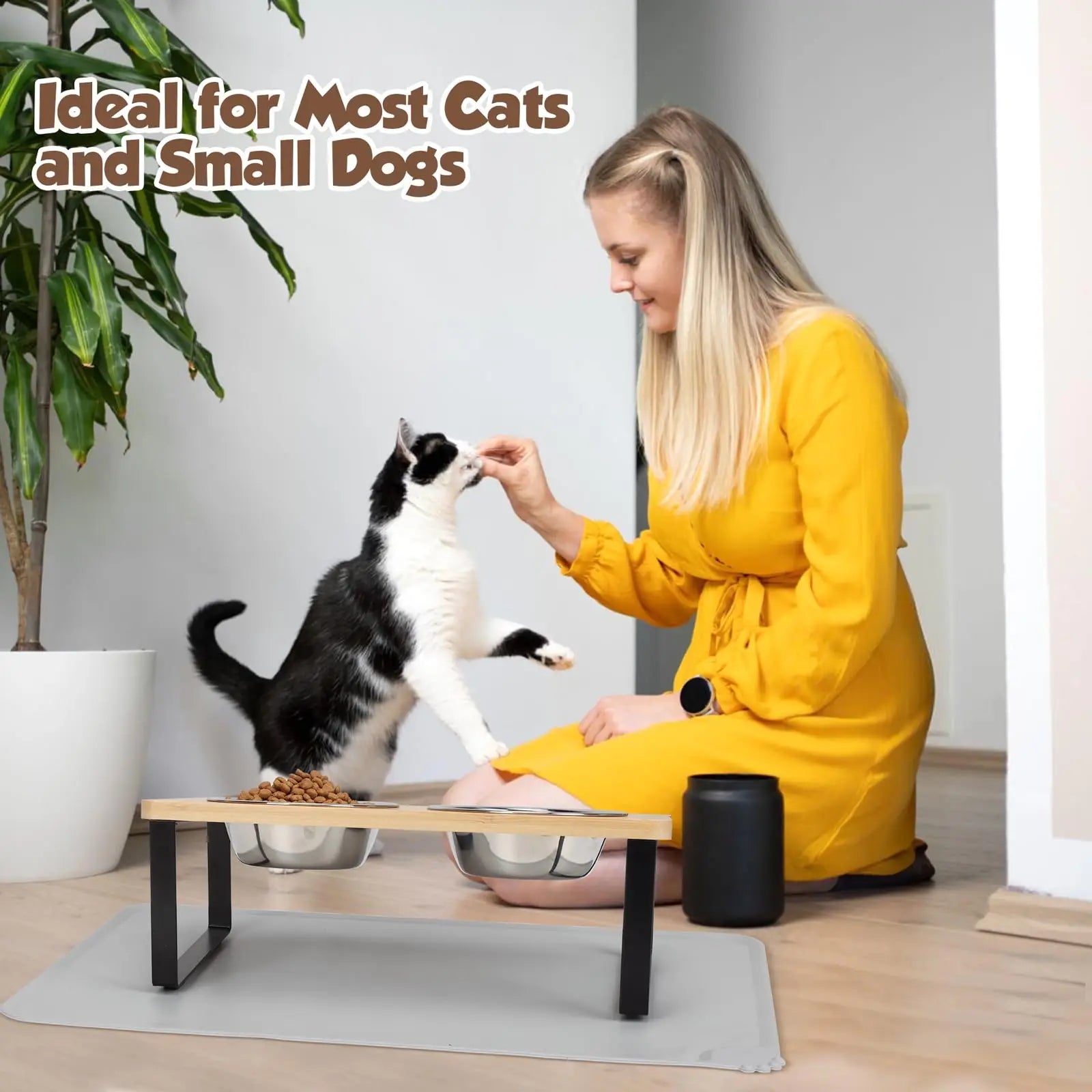 Elevated Cat Bowl Set — Tilted Stand with Stainless Steel Bowls & Food Mat