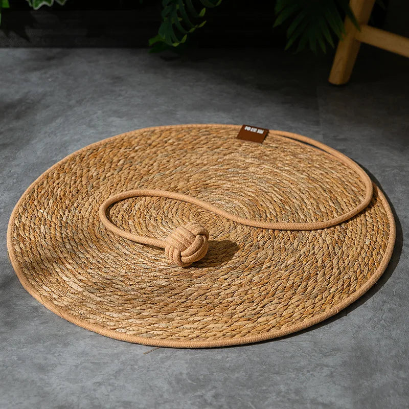 Rattan Weave Cat Scratcher Mat — Floor Scratching Pad with Optional Ball Toy